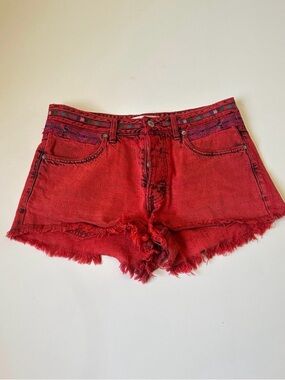 We The Free Free People Sun Break Gypsy Red Denim Frayed Boho Shorts~27